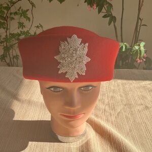 Elegant Red Wool Beret with Silver Rhinestone Beaded Leaf Accent